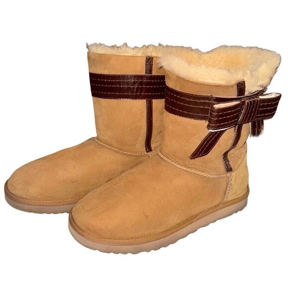 UGG Australia Josette Chestnut Sheepskin Winter Boots Leather Bows Womens Size 9 - Picture 1 of 13